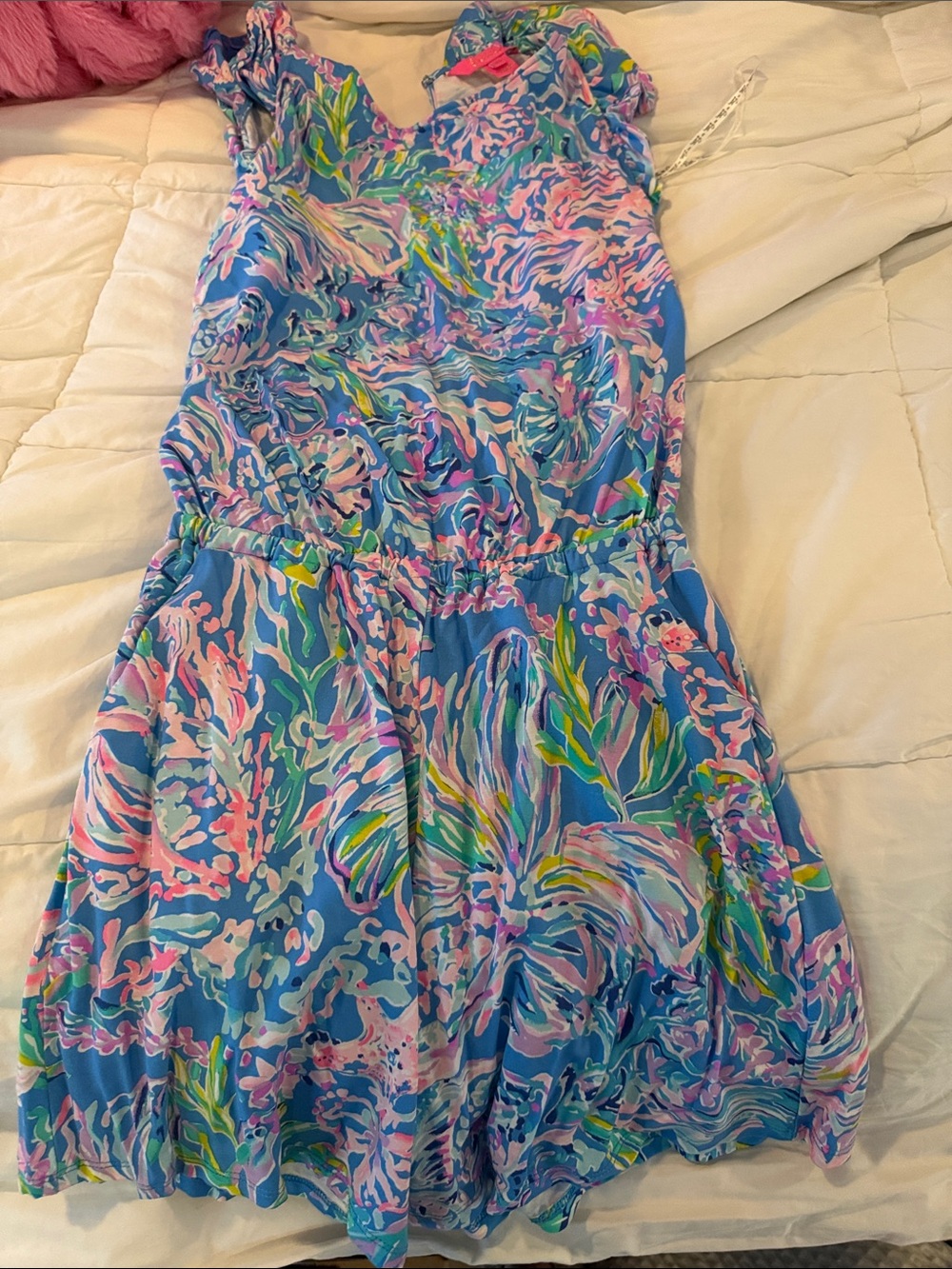 Lilly Pulitzer Blue Floral Print Sundress with Pink and Green Accents romper
